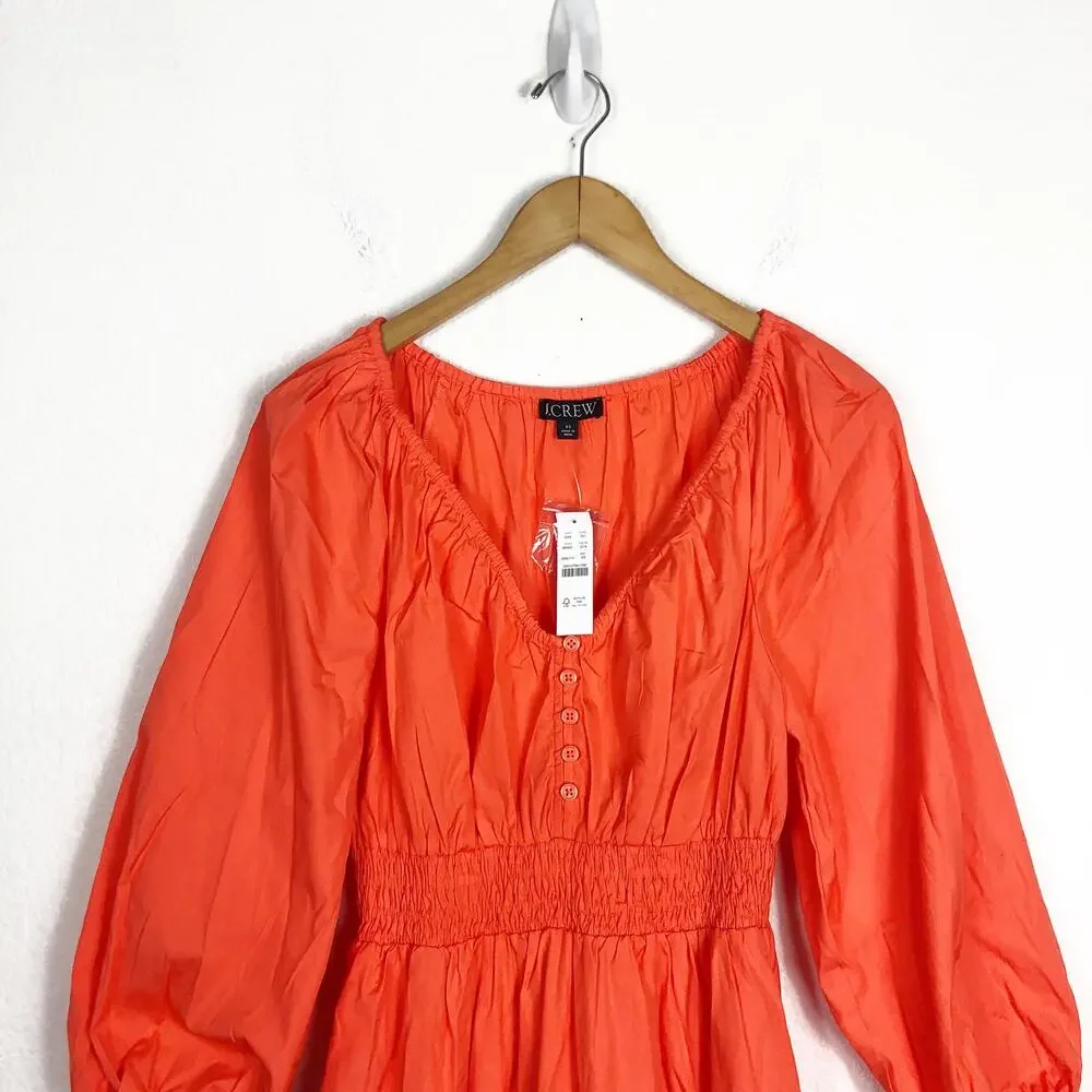 NWT J. CREW Orange Cotton Poplin V Neck Smocked Waist Midi Dress Size XS Boho